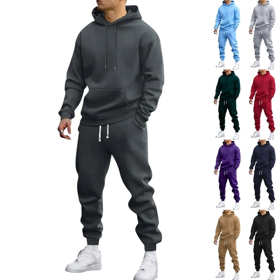Mens Trendy 2 Piece Sweatsuit Long Sleeve Solid Hooded Top Relaxed Fit Ankle Cuffed Sweatpants Daily Jogging Suits Light Gray M