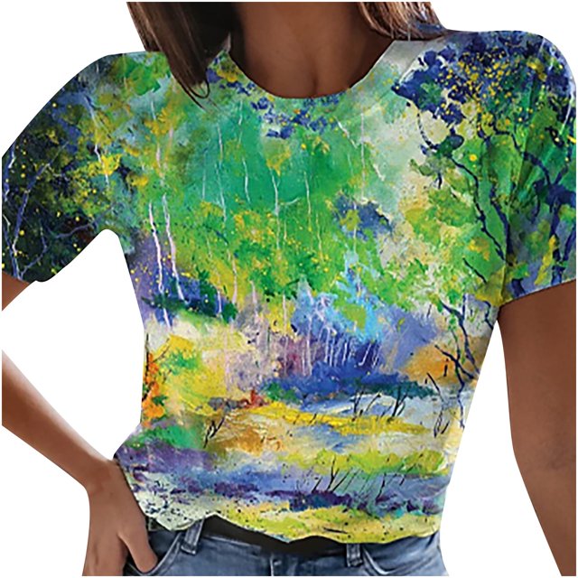 DPTALR T-Shirt à Col Rond Imprimé pour Femmes Manches Courtes Tee Décontracté Blouse