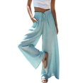thumbnail image 3 of Women Casual Elastic Drawstring Floral Print Wide Leg Maxi Pants with Pockets Blue Print XXL, 3 of 7