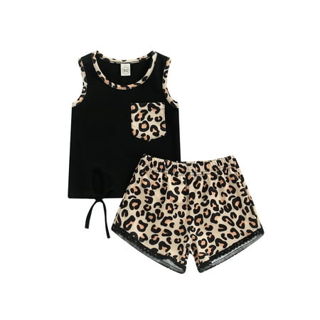 

Sunisery Newborn Baby Girl Summer Outfits Set Fringed Hem Tank Tops Leopard/ Floral Shorts Clothes Set Pocket Black 12-18 Months