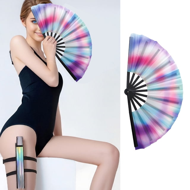 2025 New Boots On The Ground Fan, Large Holographic Folding Trail Ride Fan Iridescent Clack Hand Fan Rave Fans Foldable Craft Holding Laser Colors Hand Fan for Line Dancing