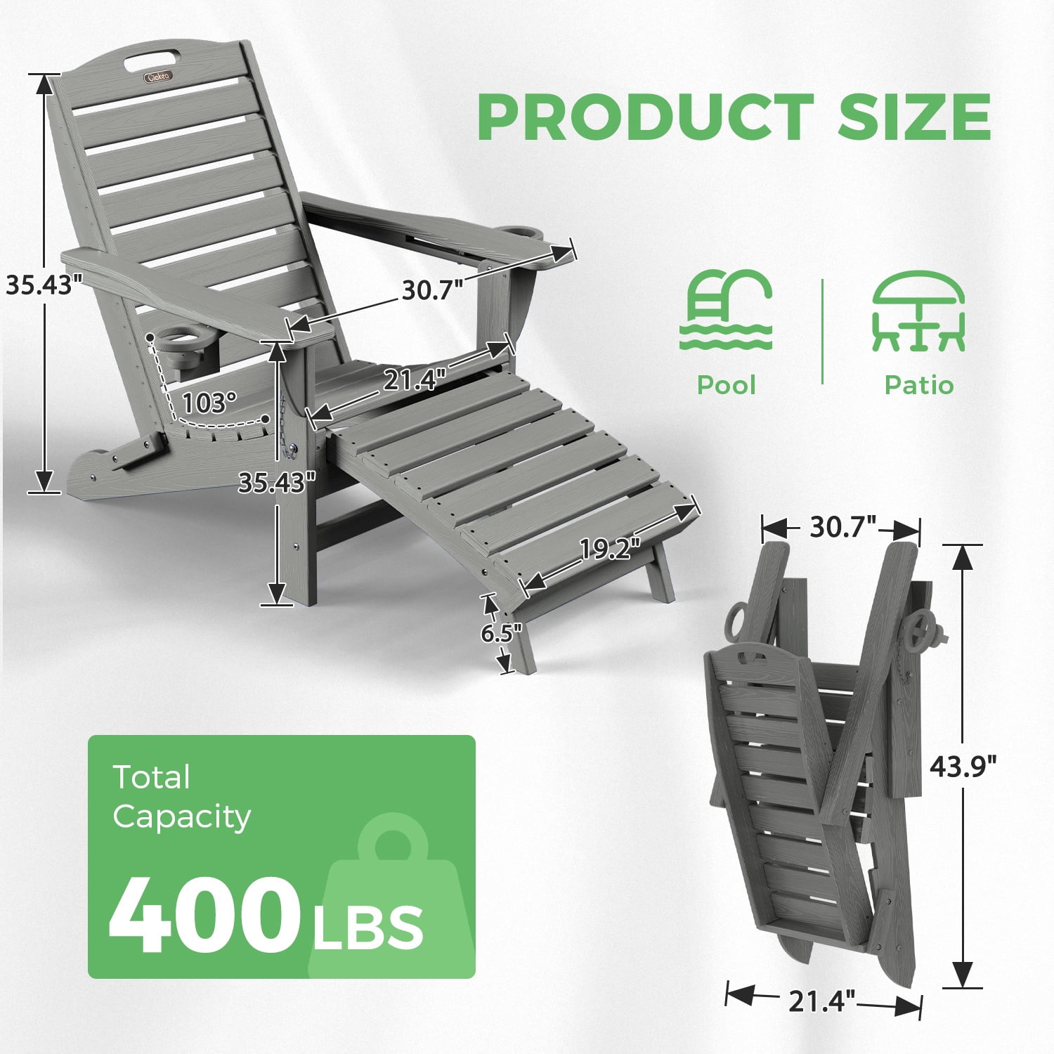 Ciokea Folding Adirondack Chair with Ottoman HDPE Pool Chair Pull Out Footrest with 2 Cup Holders Patio Garden Grey
