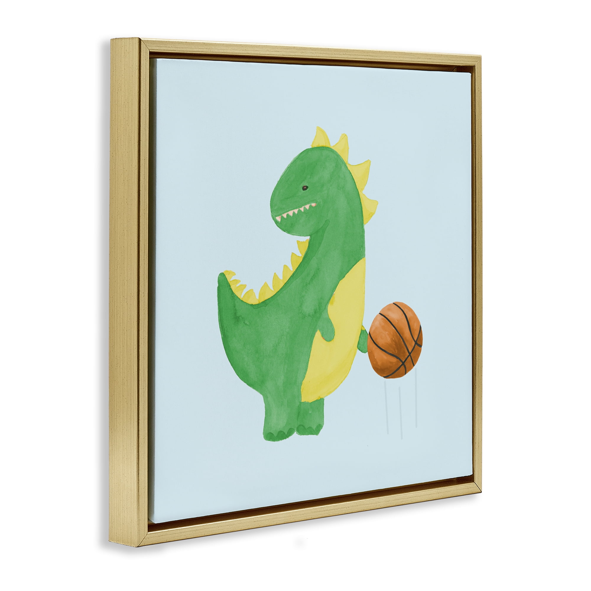Stupell Industries Baby Dino & Basketball Gold Framed Floater Canvas Wall Art, design by Lucille Price