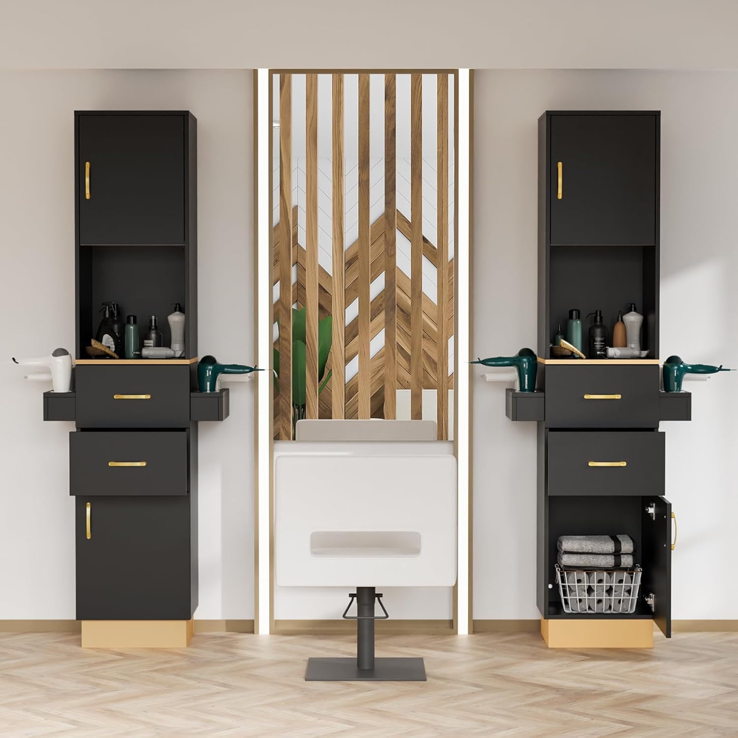 Katxon Salon Storage Station with 2 Storage Cabinet, 2 Drawers, Black