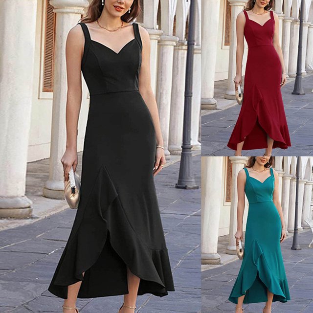 Gspmoly Robe pour Femmes, Robe à Bretelles à Volants à Dos Ouvert, Coupe Ajustée, Col en V, Couleur Unie, Printemps et Été, Robes Formelles pour Femmes jusqu'à 60 % de Rabais