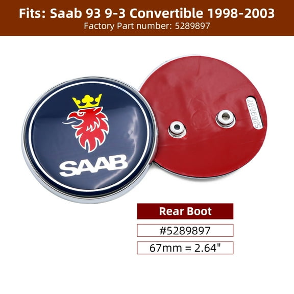 1PC New Custom Blue 67mm Griffin Emblem Fits for Saab 93 9-3 Convertible 1998 1999 2000 2001 2002 2003 Car Rear Boot Trunk Center Badge Emblem 5289897