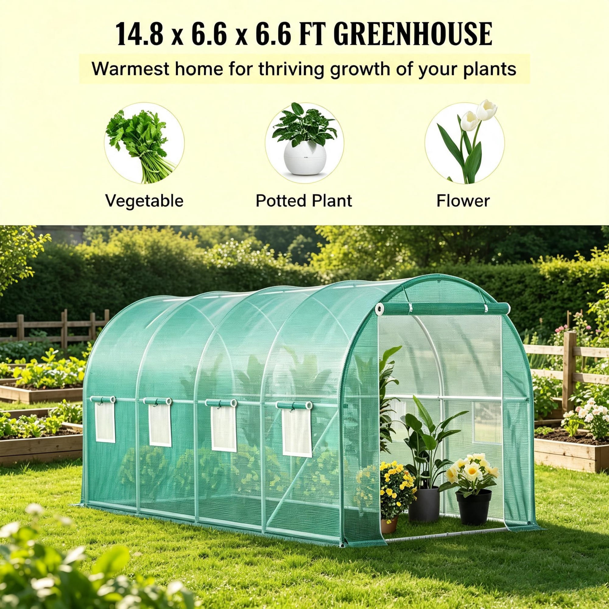 Walk-in Tunnel Greenhouse, Portable Hot House with Galvanized Steel Hoops & 8 Roll-up Windows, 15' x 7' x 7'