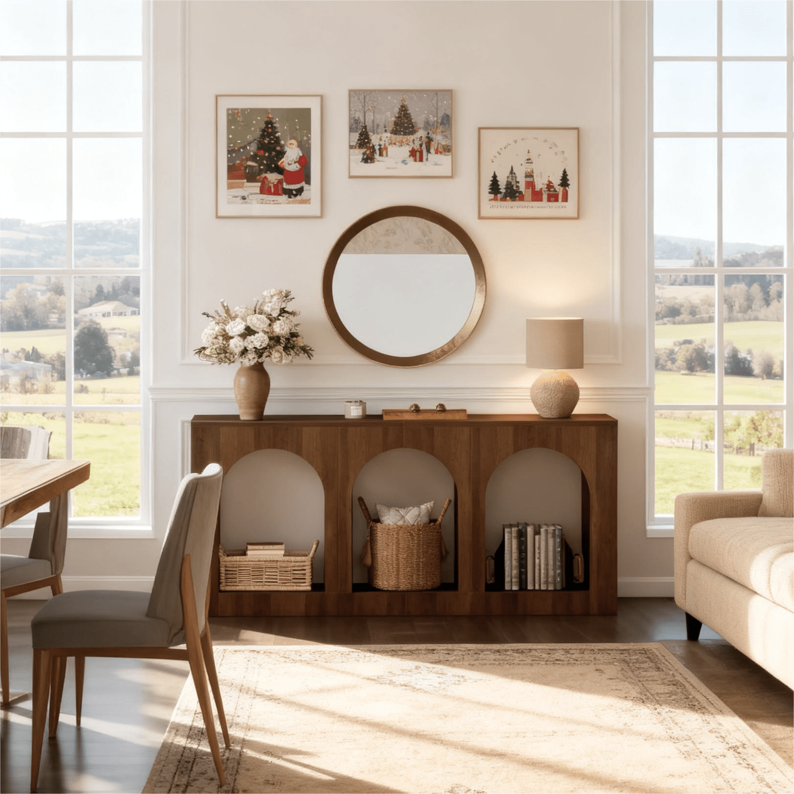 Fnova 70.9" Farmhouse Console Table, Narrow Long Sofa Table with 3 Arched Storage Shelves, Wood Entryway Table for Foyer, Hallway, Living Room, Behind Couch