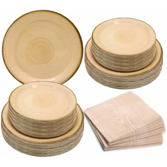 75Pcs Wood Grain Party Supplies Rustic Wood Slice Part y Set 9"& 7" Wood Grain Plates and Napkins for Camp Fire Camping Woodland Animal Lumberjack Wood Birthday Party Decor Serve25