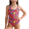thumbnail image 2 of Cowsor 8-13Y Kids Heart Print Sleeveless Crew Neck Spaghetti Strap One Piece Swimsuit Triangle Brief with Chest Pad UV Protection Swimwear for Big Girls, 2 of 7