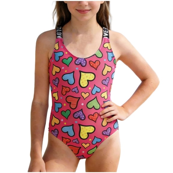 OGLCCG Girls One Piece Swimsuit Comfortable Cross Shoulder Strap Beach Swimwear Cute Hearts Print Full Coverage Bathing Suit 8-13 Years