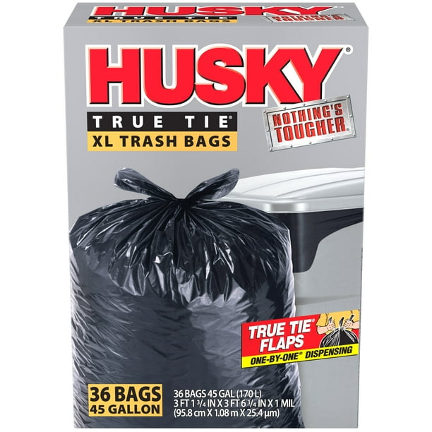 Husky Extra Large Trash Bags, 45 Gal, 36 Bags, Flap Tie