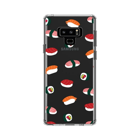 DistinctInk Clear Shockproof Hybrid Case for Samsung Galaxy Note 9 - TPU Bumper, Acrylic Back, Tempered Glass Screen Protector - Cartoon Sushi