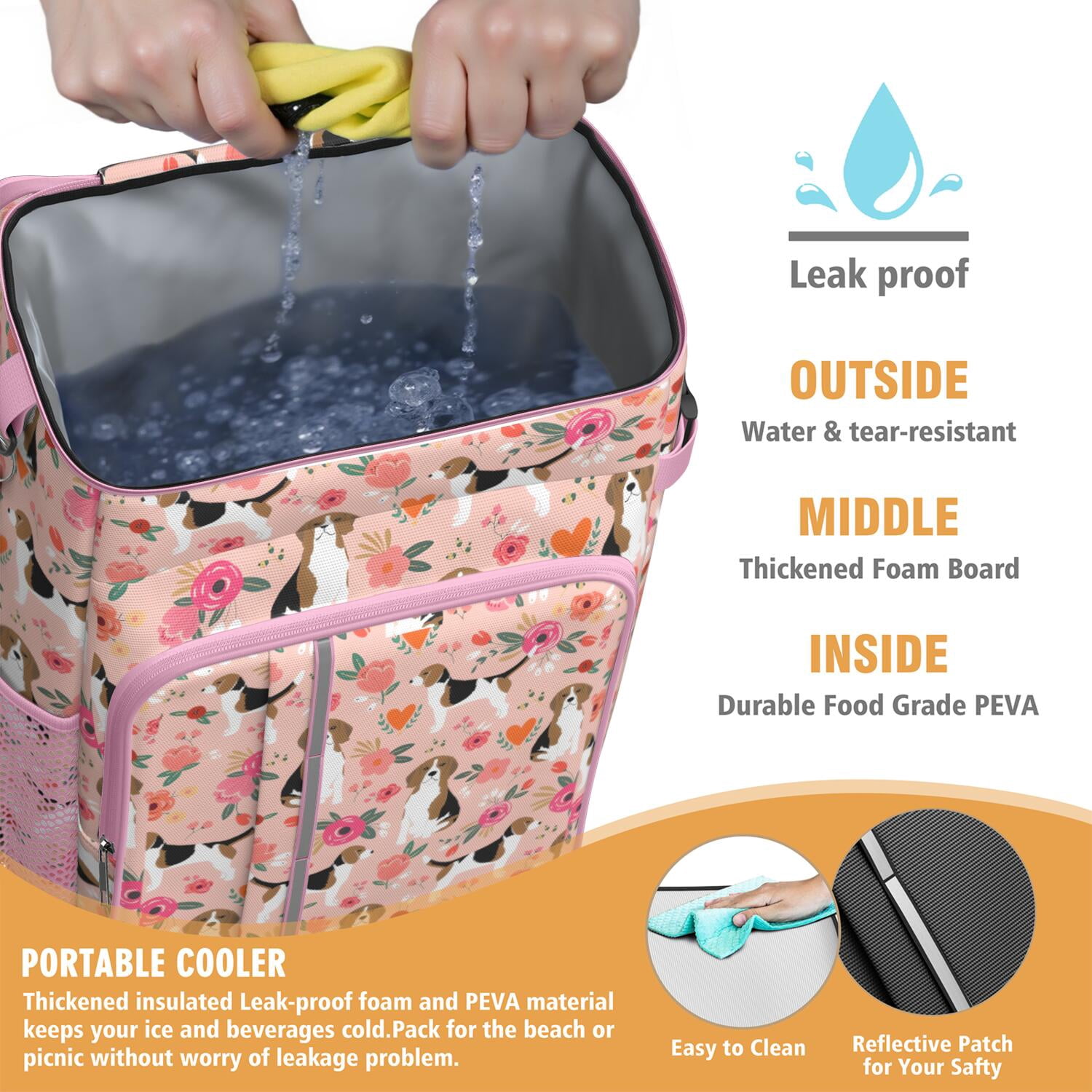 Travel Cooler Bag - Pink Beagle and Flower Camping Beer Cooler Backpack with Bottle Opener- Waterproof Insulated Picnic Backpacks - Cooler Bag for Beach