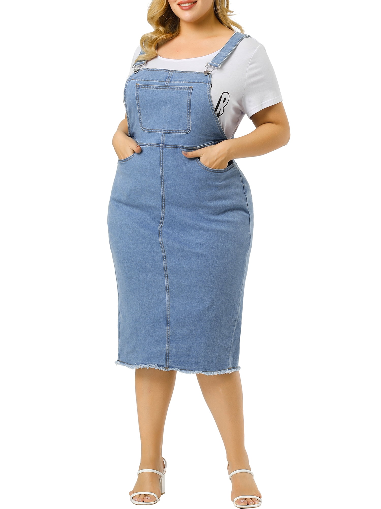 Agnes Women's Plus Adjustable Back Suspender Raw Hem Denim Dress - Walmart.com