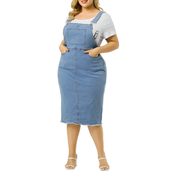 Agnes Orinda Women's Plus Size Easter Adjustable Strap Back Slit Overall Bodycon Jean Denim Midi Dresses 2X Light Blue