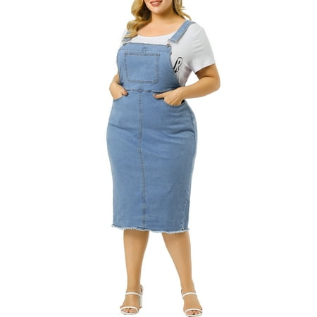 MODA NOVA Juniors Plus Size Adjustable Strap Back Slit Denim Overalls Dress
