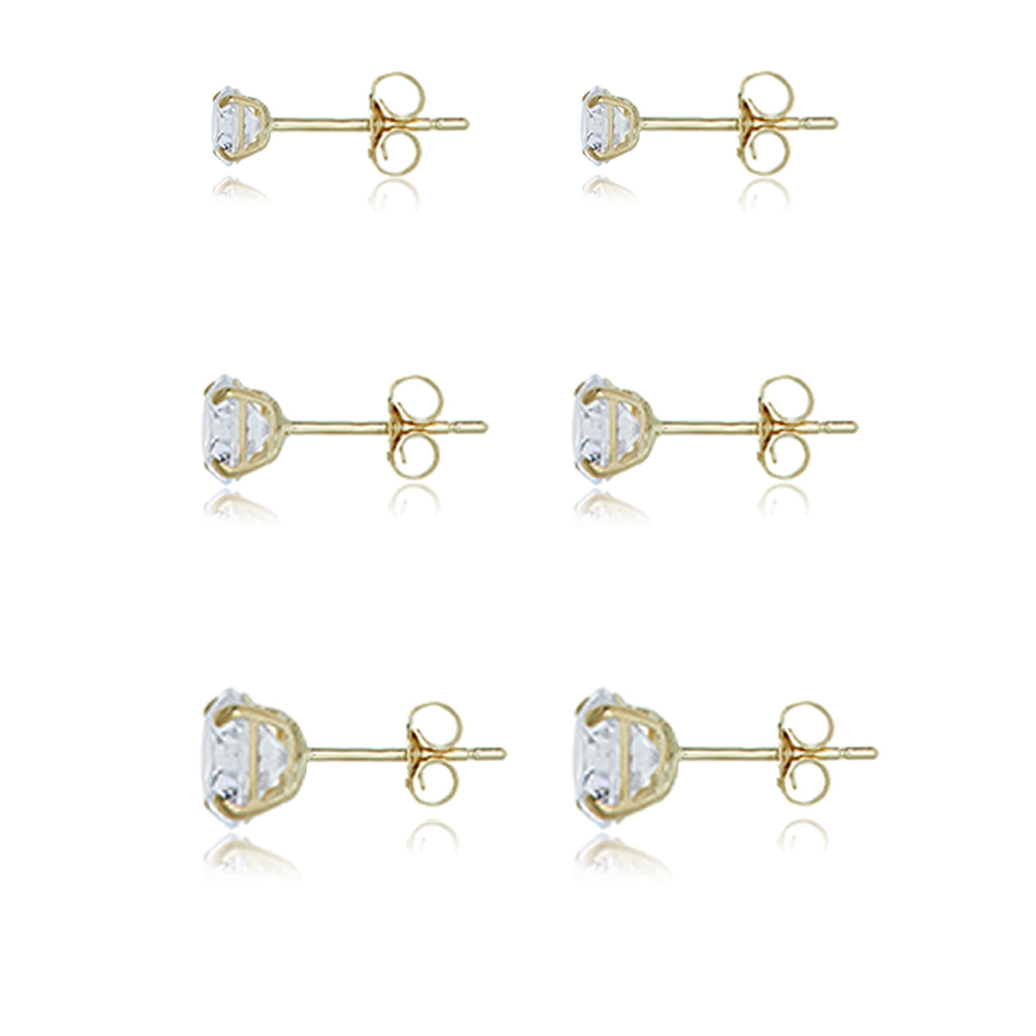 AVORA 3-pair 10K Yellow Gold Round Simulated Diamond CZ Stud Earrings Set, (3mm,4mm & 5mm)