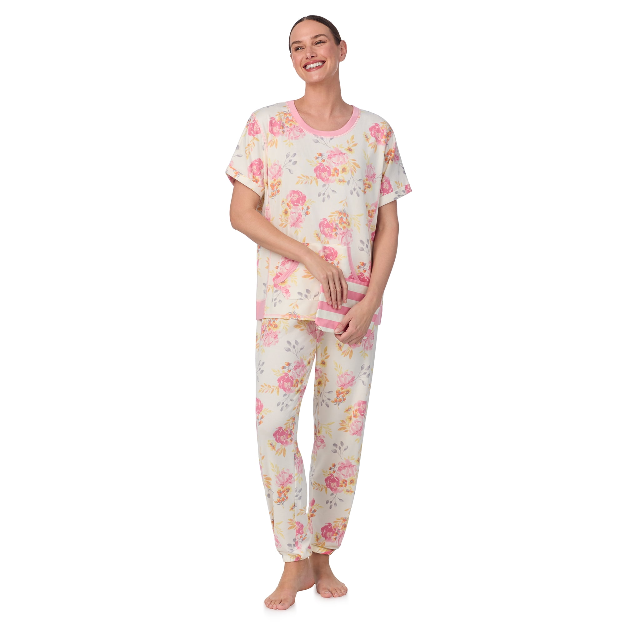 Secret Treasures Women's and Women's Plus Short Sleeve Top and Joggers with Makeup Bag, 3-Piece Knit PJ Set