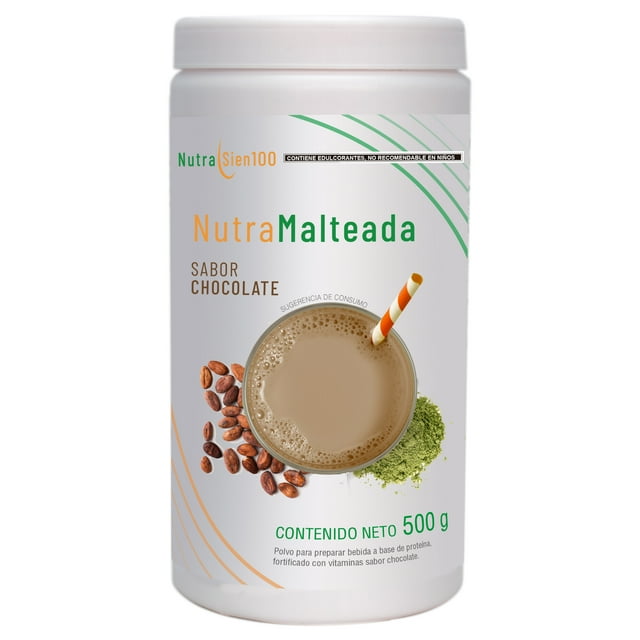 Malteada de proteína sabor Chocolate. Sin azúcar 15 g proteína por porción. 500g Nutrasien100 1 bote de 500 g con 1 cuchara medidora
