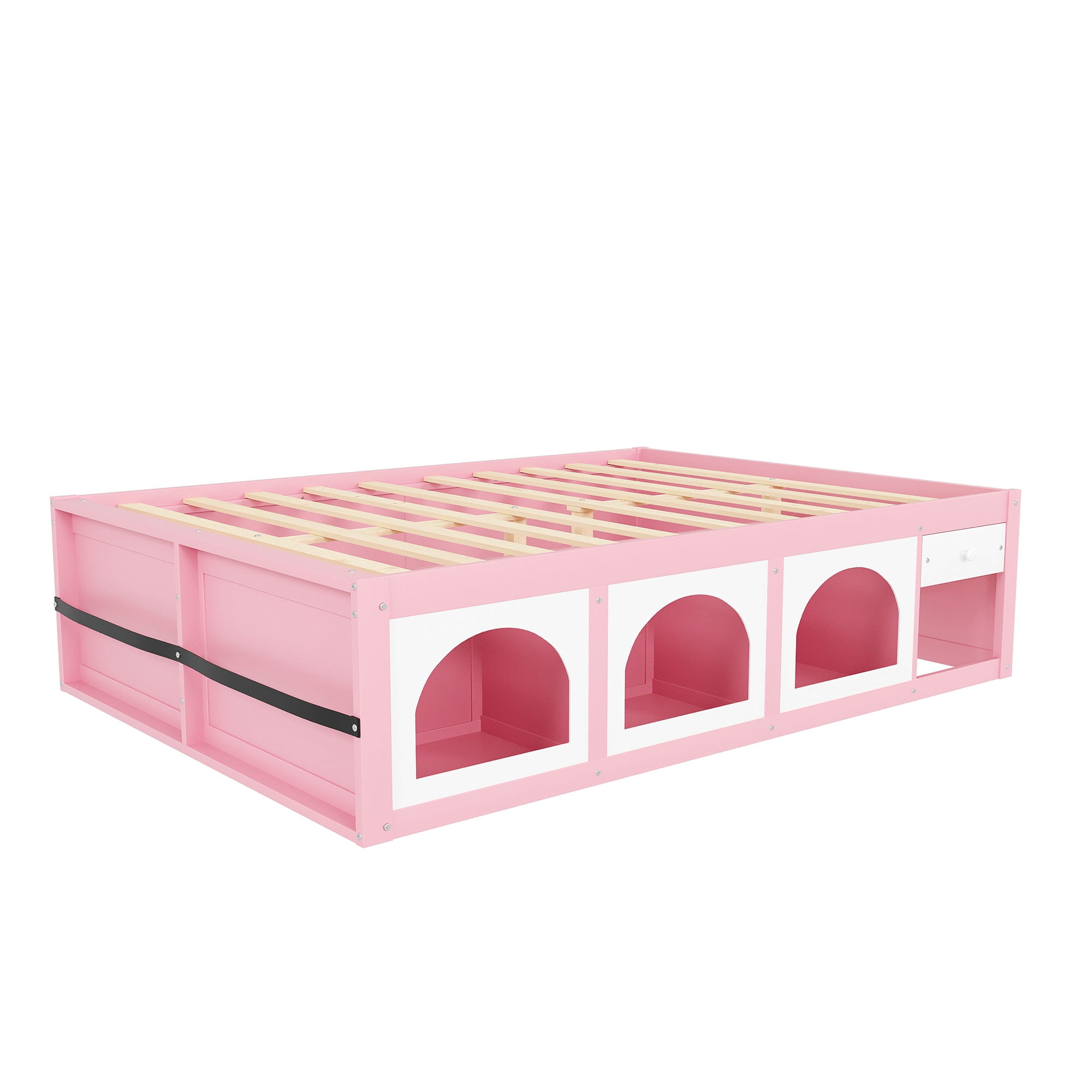 Mintazer Modern Queen Size Bed with Bookshelf and 3 Open Cubbies & Drawer, Platform Bed Frame with LED Light for Kids Bedroom, Pink & White