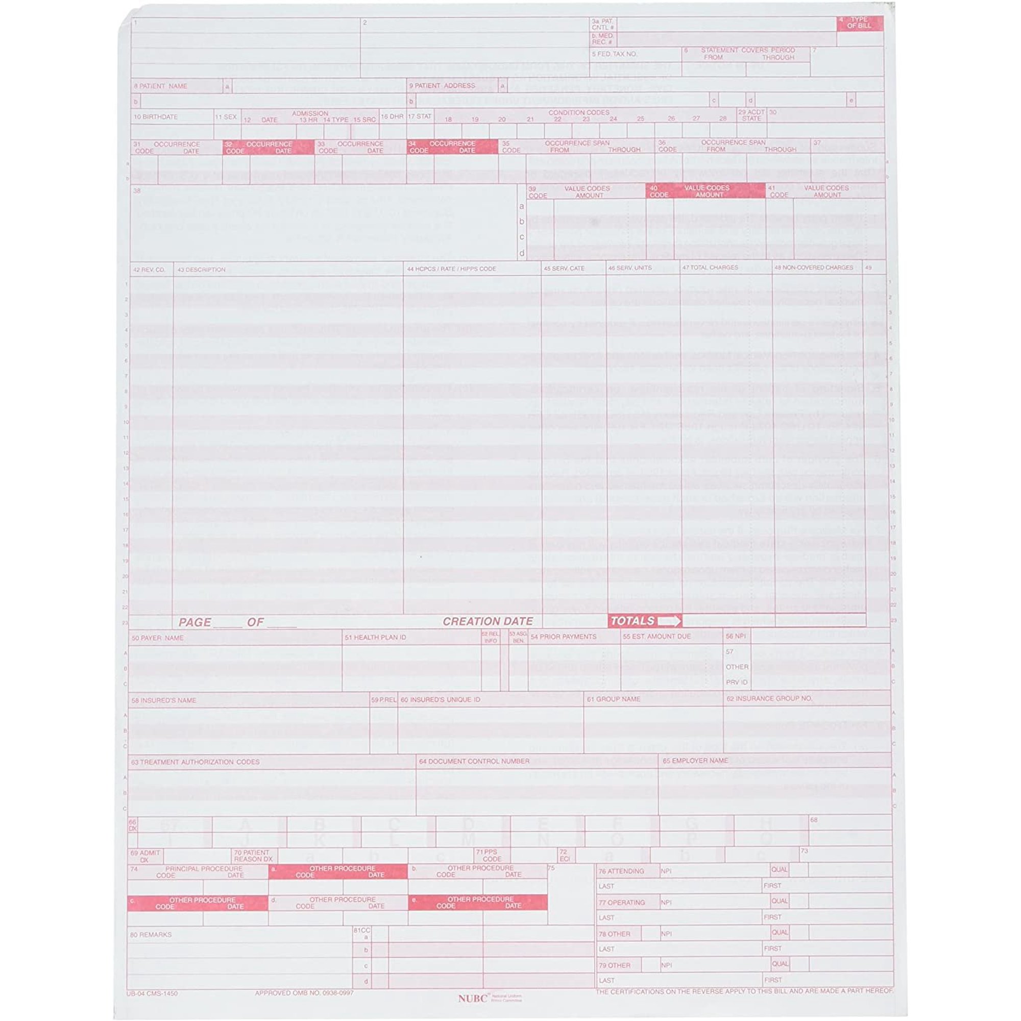 UB-04 CMS 1450 Health Insurance Claim Form Pack of 500 sheets
