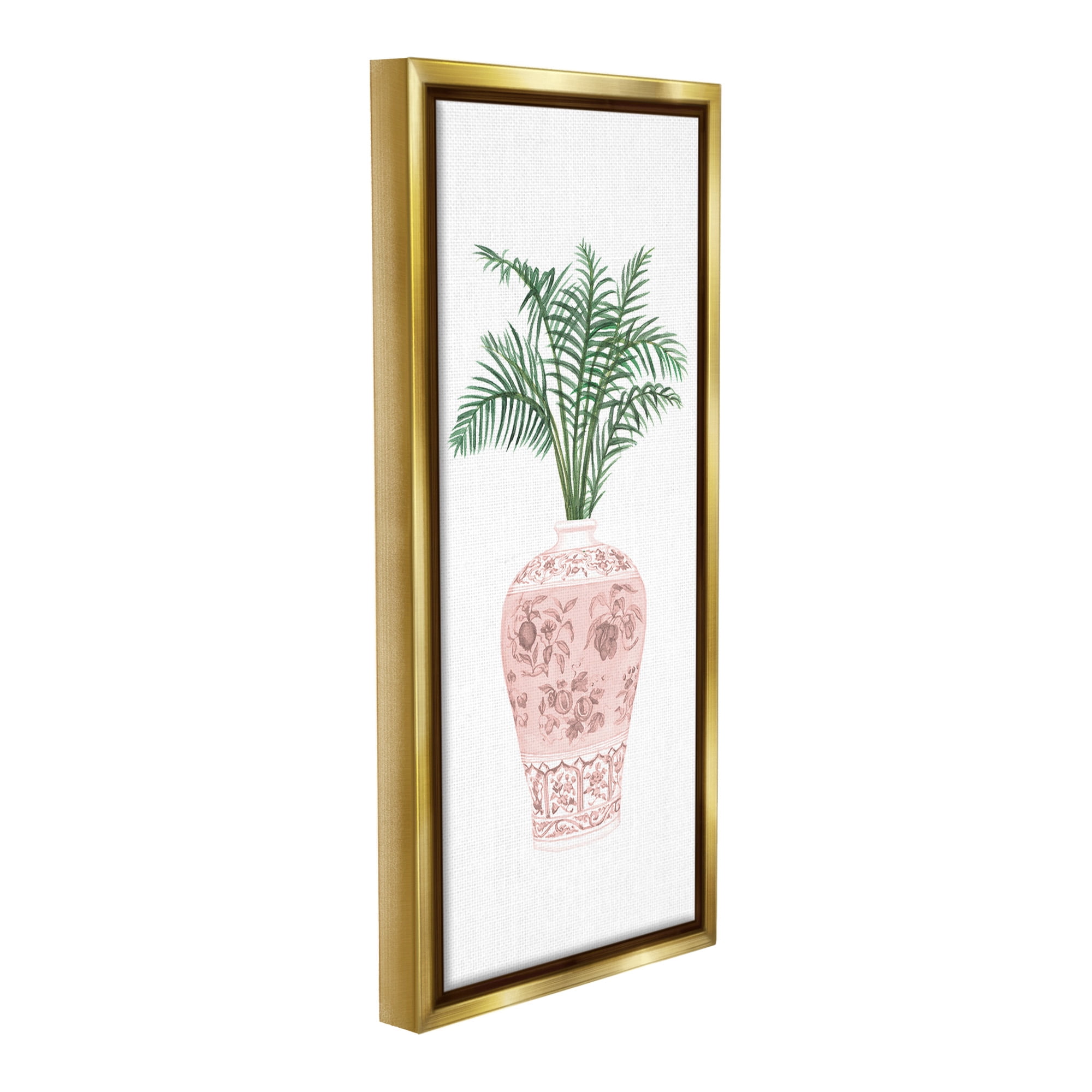 Stupell Industries Palm Leaves in Ornate Vase Botanical & Floral Painting Gold Floater Framed Canvas Art Print Wall Art, 14 x 31