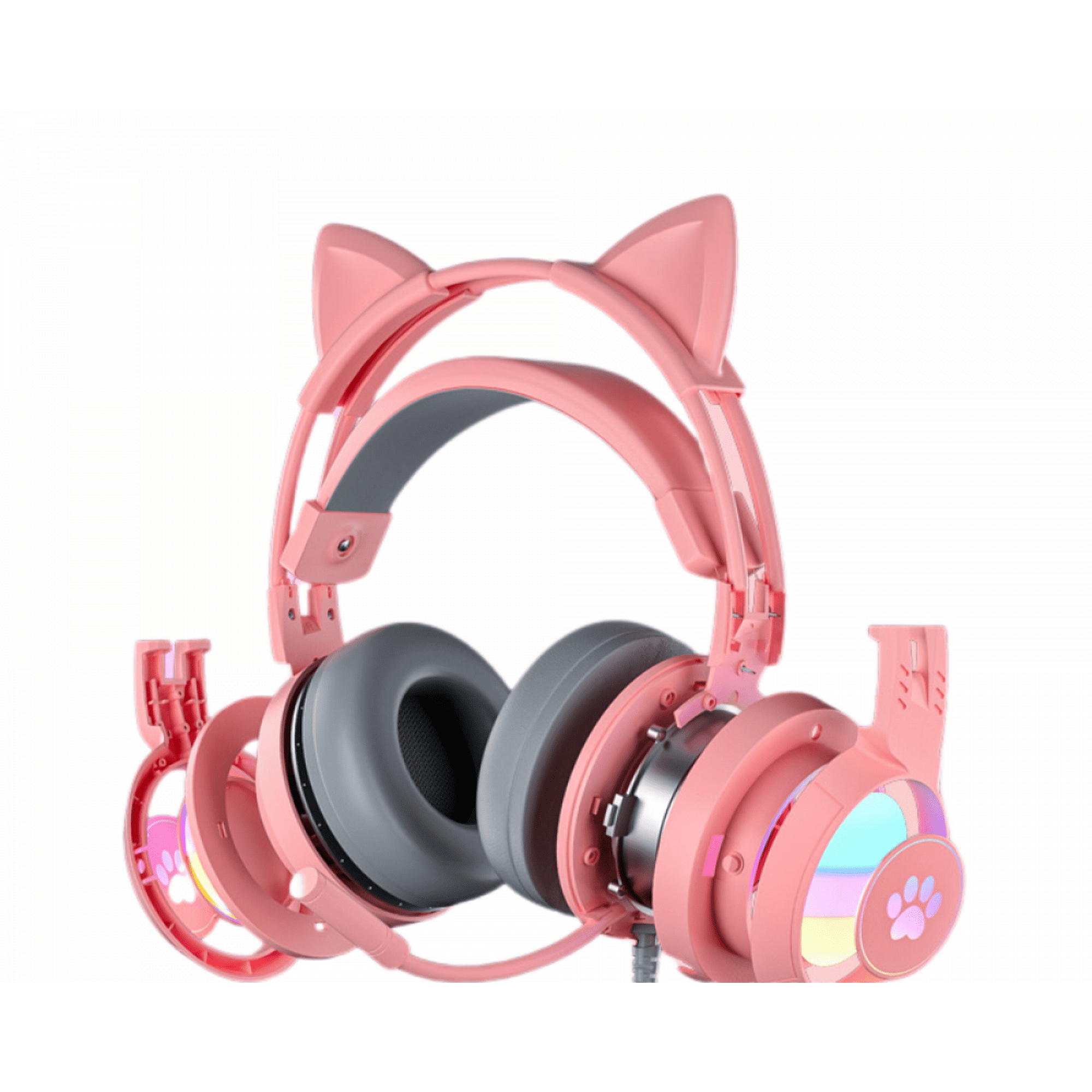 Glowing Cat Ears Wired Computer PS4 Gaming Headset Pink Gaming Headset USB Wired Kitten Headphones for PC MAC PS4 PS5 with Surround Sound Noise Cancelling Detachable Cat Ears and Mic LED RGB