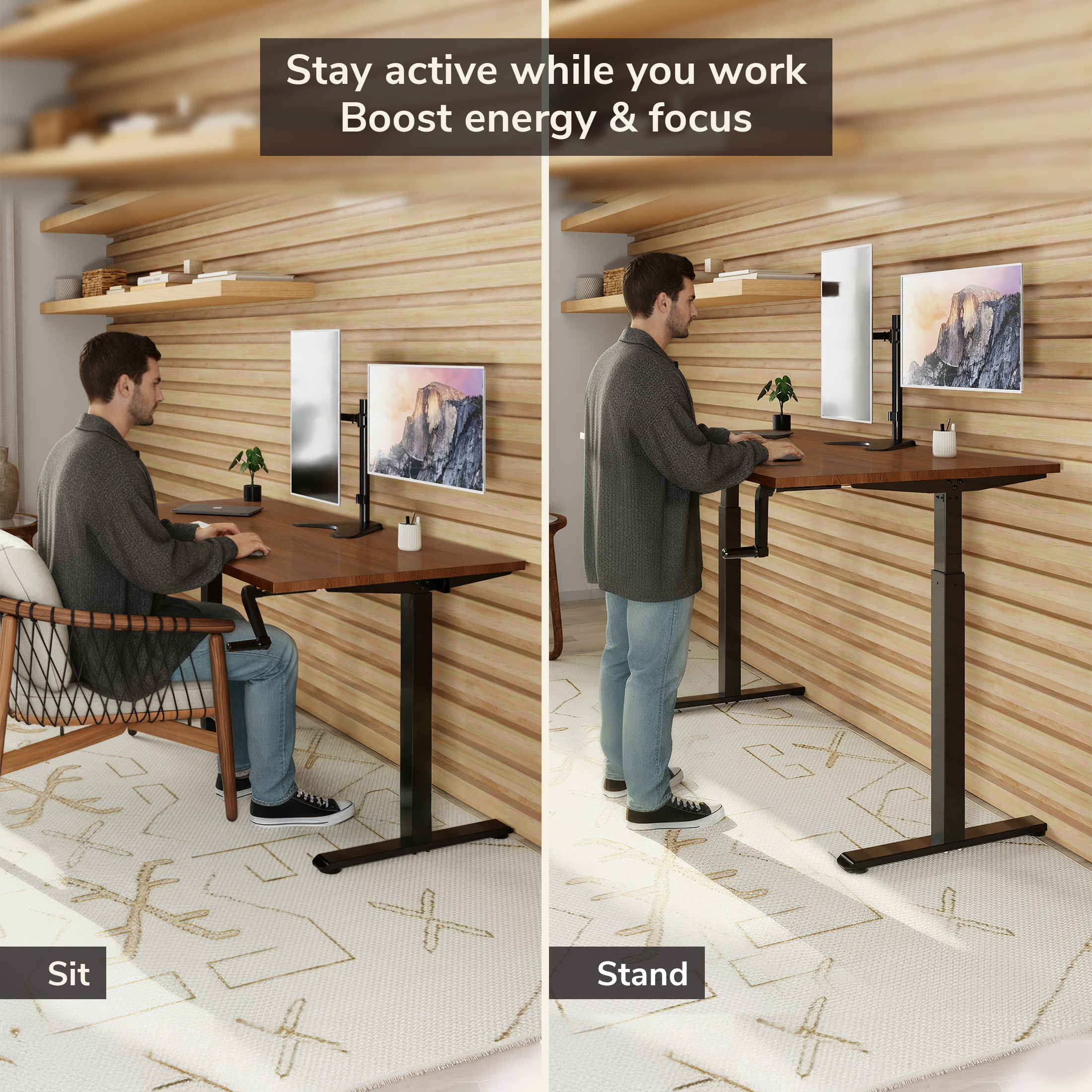 Mount-It! Hand Crank Standing Desk Frame with 55" Desktop, Brown