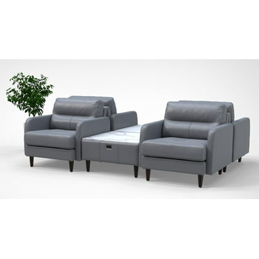 4 Person Lobby Waiting Reception Lounge Chairs Set with Charging Tables Genuine 100% Leather Color Graphite Gray Corporate Offices Commercial Retail Spaces Model 9089 6pc