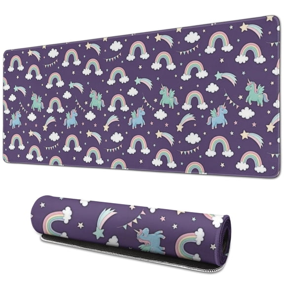 Long Mouse Pads for Desk,Purple Cartoon Unicorn Rainbow Cloud Desk Mats on Top Of Desks, Desk Mouse Pad Extra Large with 3mm Non-Slip Base and Stitched Edge for Gaming,Work,Home 31.5"x11.8"