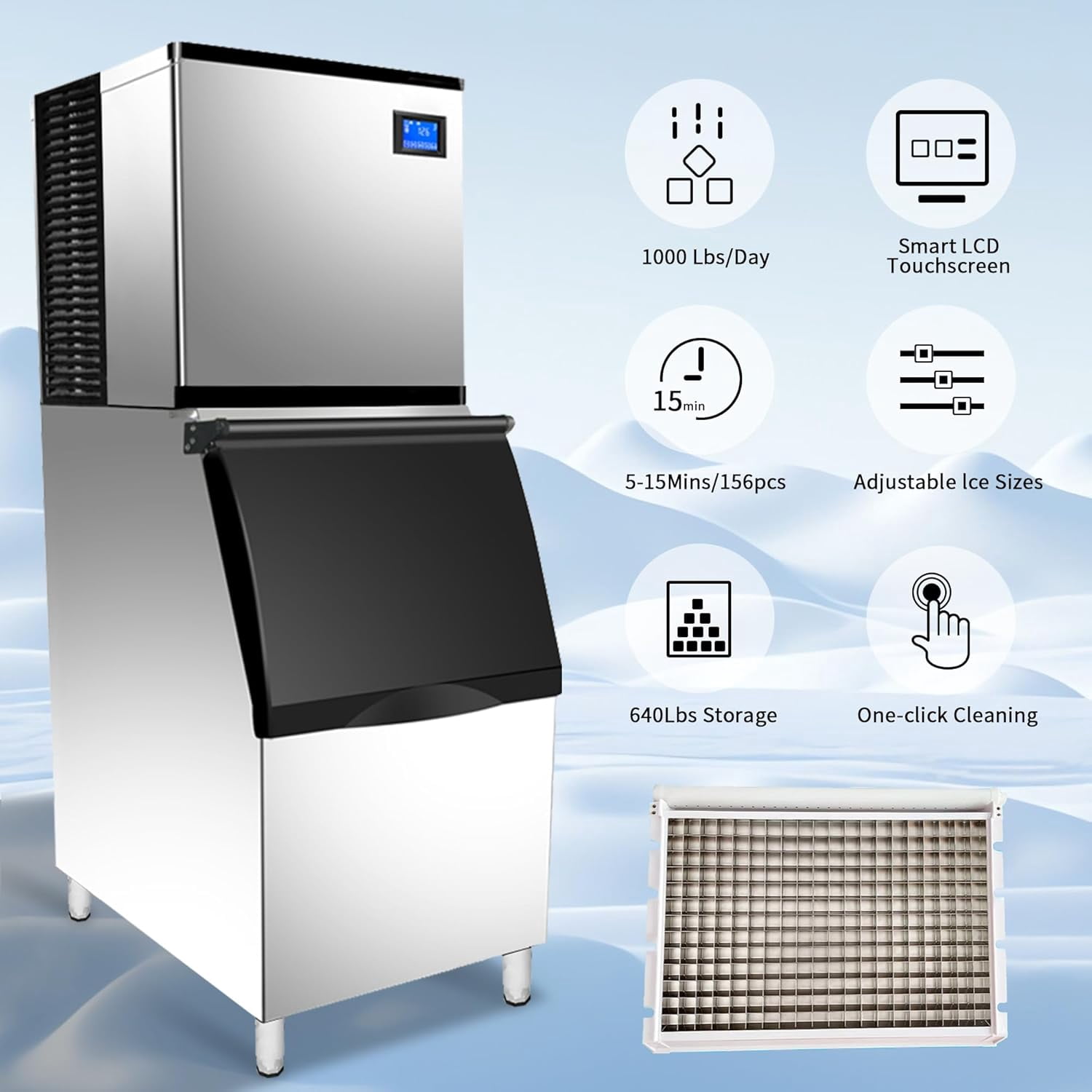 HPDAVV Commercial Ice Maker Machine - 1000 LBS/24H High Capacity, 220V Ice Machine with 440 LBS Bin, Self-Cleaning & Touchscreen for Bars, Restaurants & Cafes