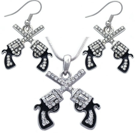 - cocojewelry Western Cowboy Crossing Revolver Gun Pendant Necklace Dangle Earrings Set