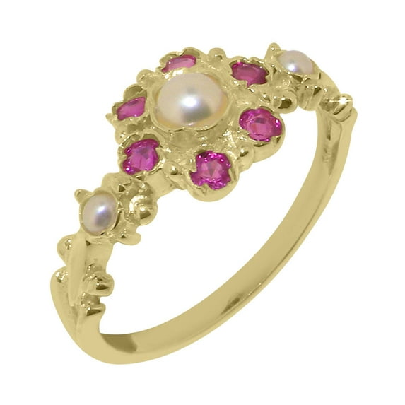 LBG British Made Traditional Solid 18k Yellow Gold Ring with Cultured Pearl & Ruby Womens Promise Ring - 33 size options - Size 4.25