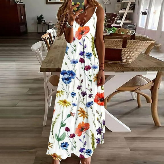 Womens Vest Sling Dress 2025 Summer Sleevess Flowy Printed V Neck Casual Beach Long Maxi Dress Multicolor XXXL
