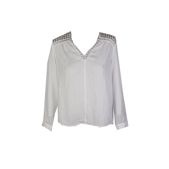 Vince Camuto Womens White Long-Sleeve Crochet-Trim Top S