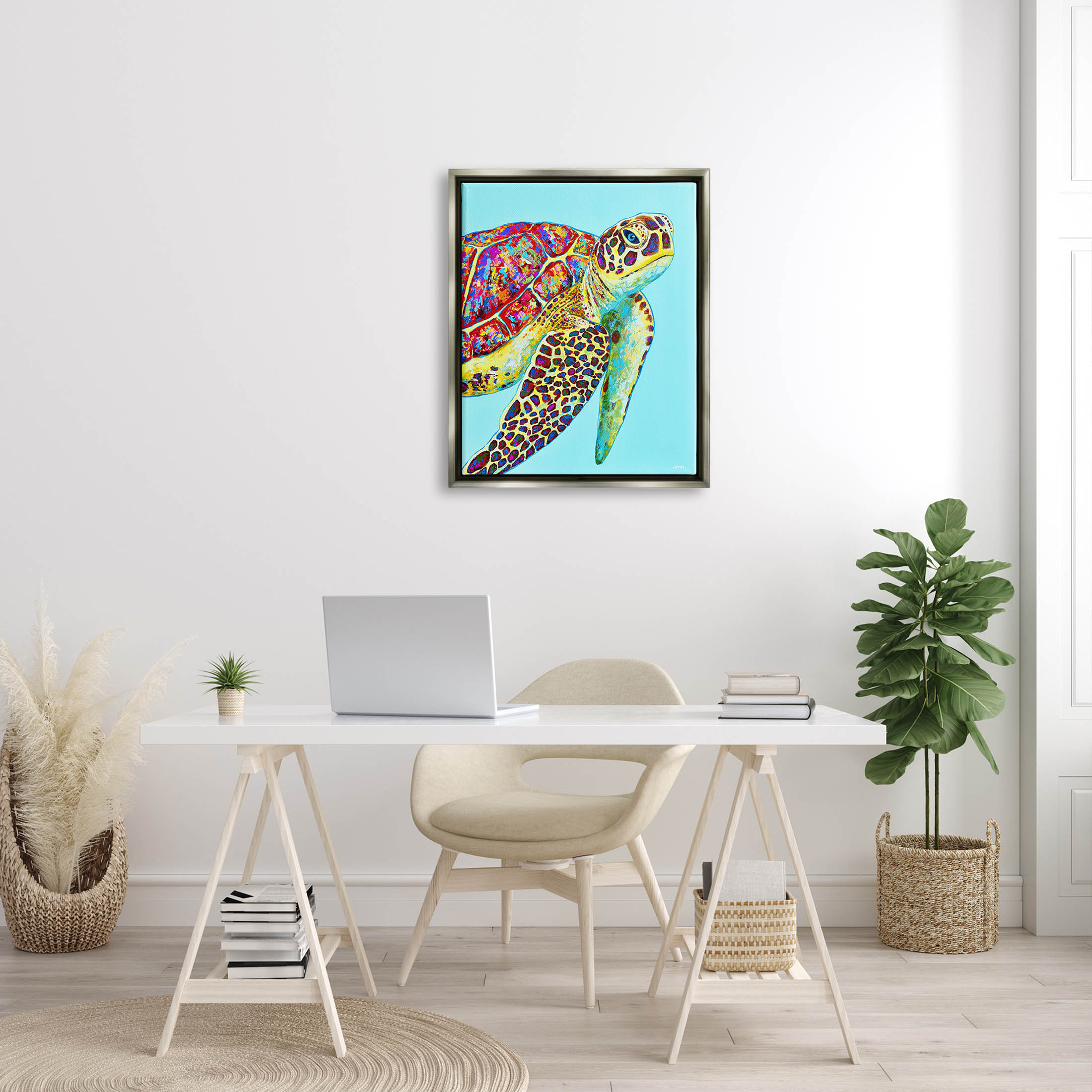 Swimming Sea Turtle Turquoise Accent Animals & Insects Graphic Art Luster Gray Framed Art Print Wall Art