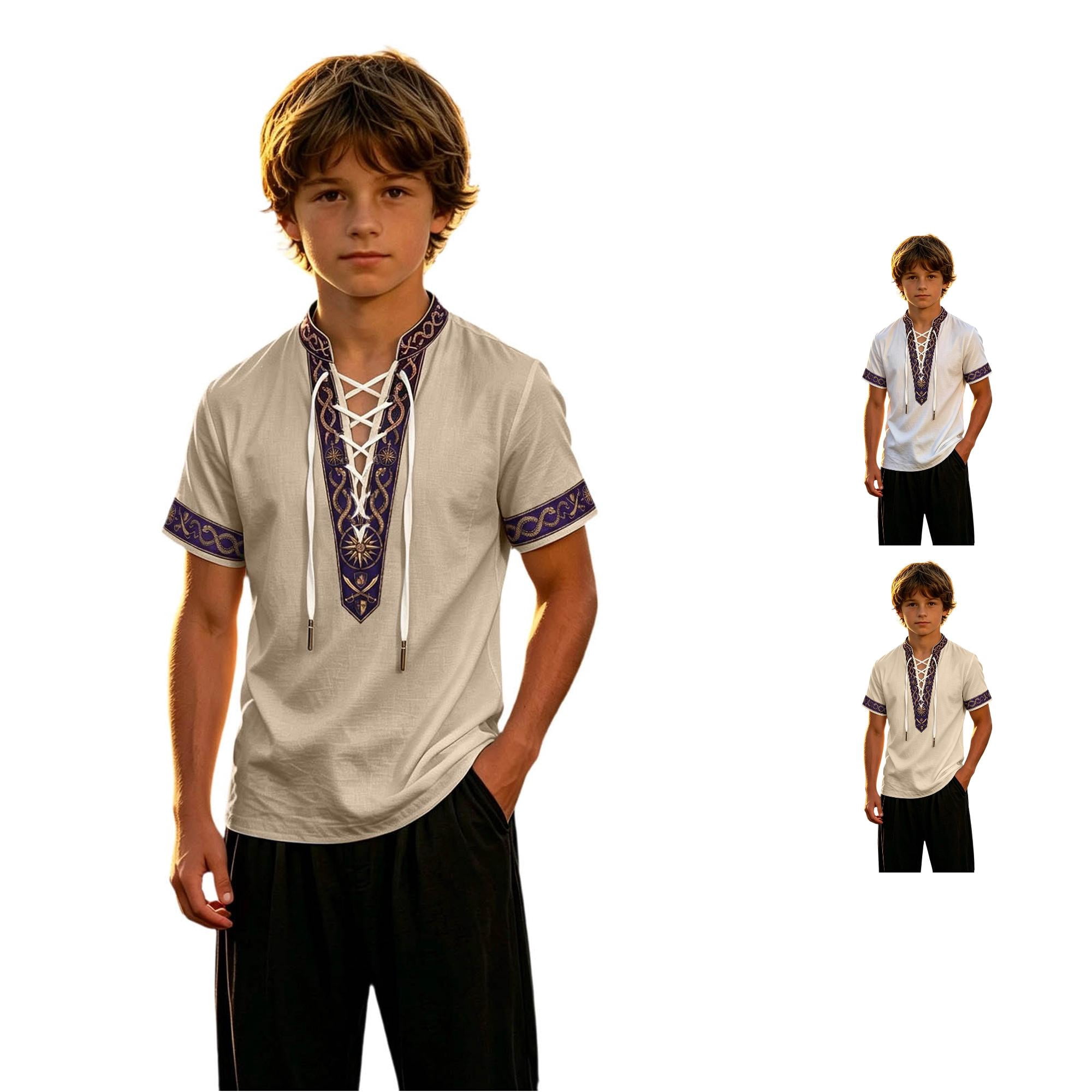 Oiyii Halloween Lace‑Up Tshirt for Big Boy Celtic Sun Ornament Print Short Sleeved T Shirt