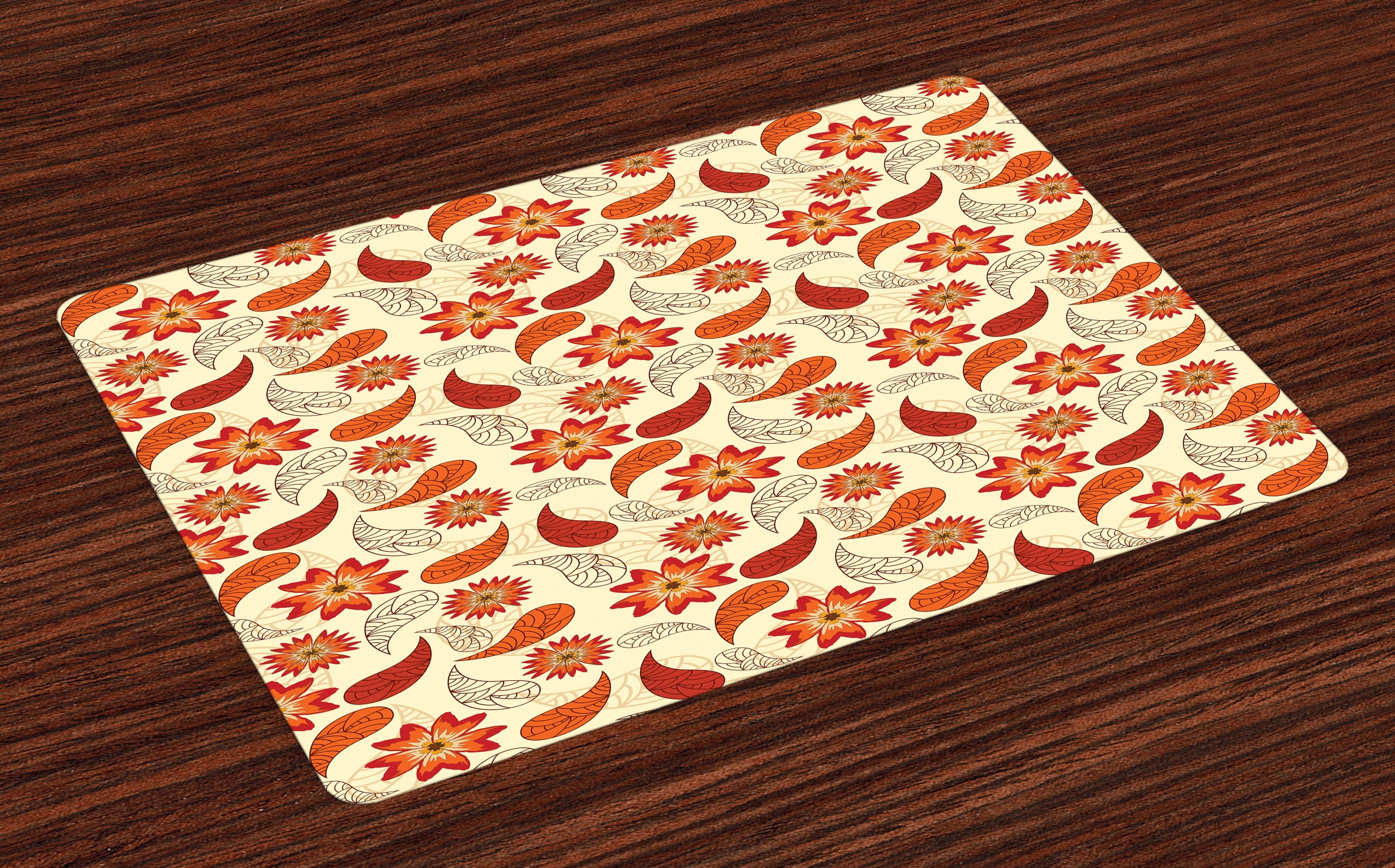 Orange Placemats Set of 4 Red Poppy Flowers in Retro Style and Leaves