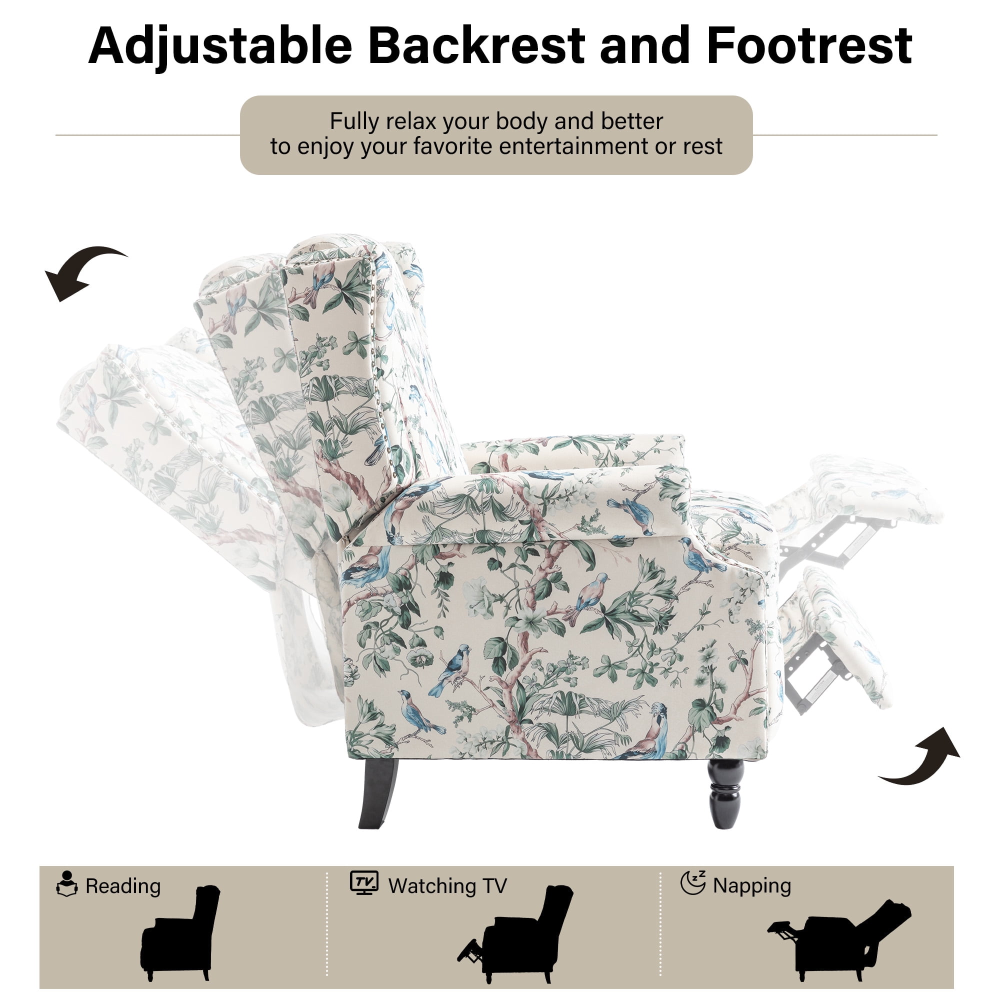DREAMSIDEA Push Back Recliner Chair Living Room, Wingback Reclining Sofa Chair, Fabric Floral Recliner Reading Chair with Footrest for Living Room/Office/Apartment, Bird