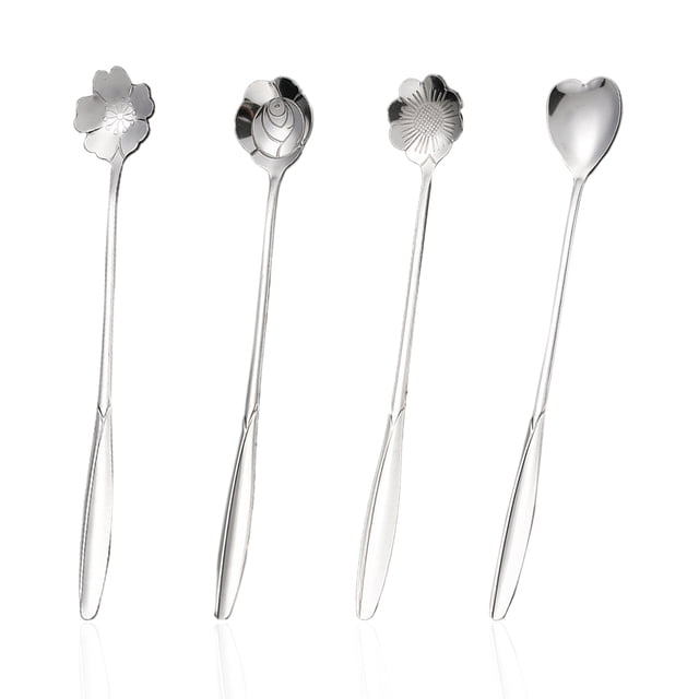 8 cucharas de flores con mango largo para café, postre, cucharaditas de hielo, cucharas de cóctel de acero inoxidable para Bar, hogar, oficina, fiesta