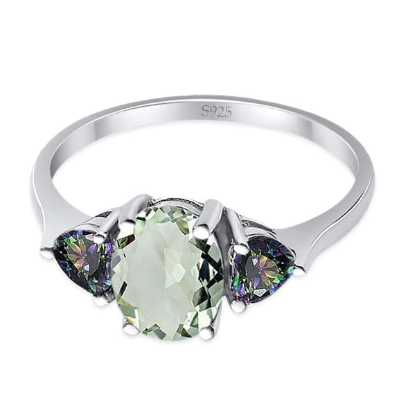 Natural Green Amethyst Prasiolite Size-5 Art Deco Three Stone Oval Trellis Ring Two Heart Rainbow CZ Wedding Engagement Ring 925 Sterling Silver