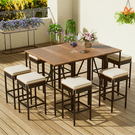 10 Pcs All-Weather Patio Furniture Set, Outdoor Acacia Wood Bar Height Table And 4 Stools With Cushions, Foldable Tabletop,  Brown