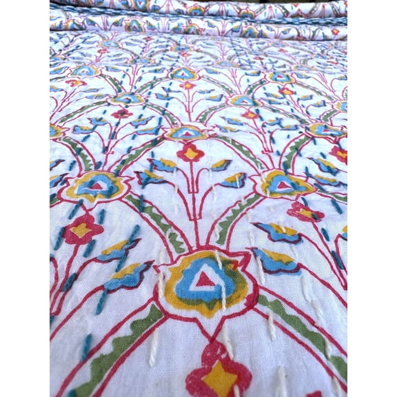 Ozark Textile Block Print Kantha Quilt With Colorful Bird Floral, Handmade Cotton Indian Bedspread, Hand-Stitched Boho for Cozy Homes
