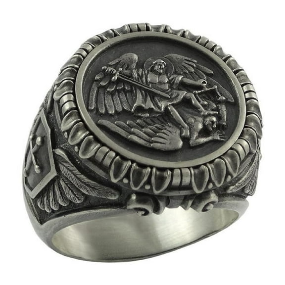 PikaLF St. Michael Ring for Men, Vintage Cross Shield Ring, Viking Angel Wings Ring, Saint Michael the Archangel Ring, Religious Amulet Ring, Punk Christian Faith Jewelry Gift for Men