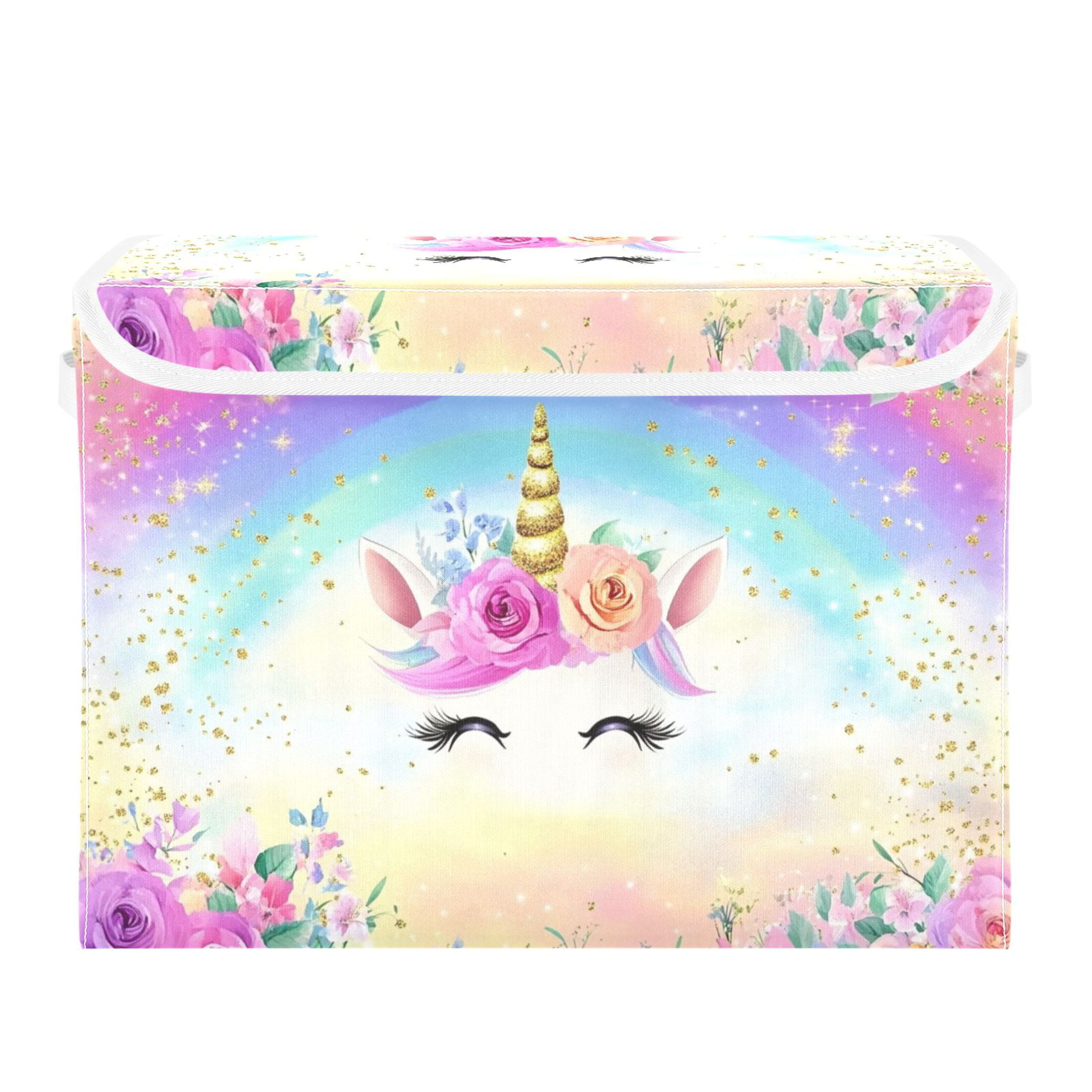 Ryvnso Unicorn with Rainbow Large Lidded Foldable Storage Baskets Cubes Boxes Lids Bin for Home