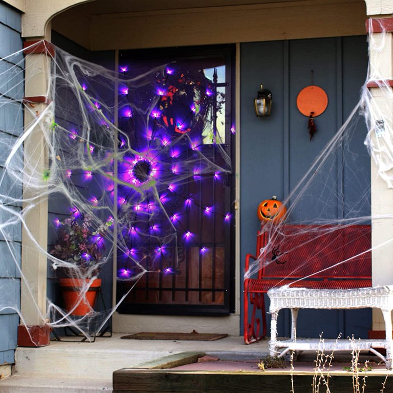 EAMBRITE Giant Halloween Spider Web Lights - 17x15 Ft Web With 132 Purple & Orange LEDs For Outdoor Yard Decor