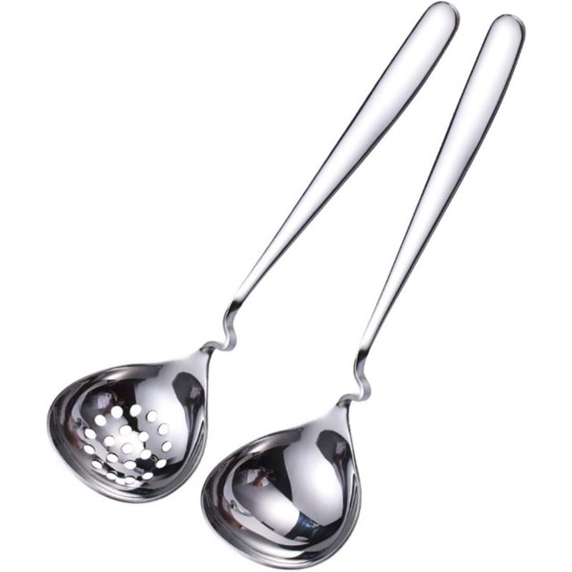 Olla caliente multifunción de 1/2 piezas, cucharón de acero inoxidable con mango largo, cucharón para sopa, cuchara ranurada para el hogar (2 unidades)
