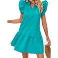 thumbnail image 4 of HUBERY Women Lace Up V Neck Layered Ruffle Sleeves Flouncing Hem Mini Dress, 4 of 7
