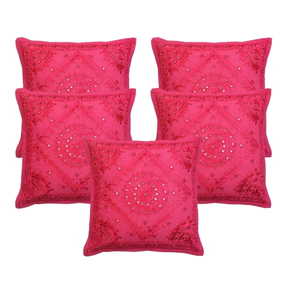 Stylo Culture Ethnic Couch Throw Pillow Covers 16x16 Hand Embroidered Dark Pink Boho 40cm x 40cm Home Decor Cotton Mirrored Square Cushion Covers | Set Of 5
